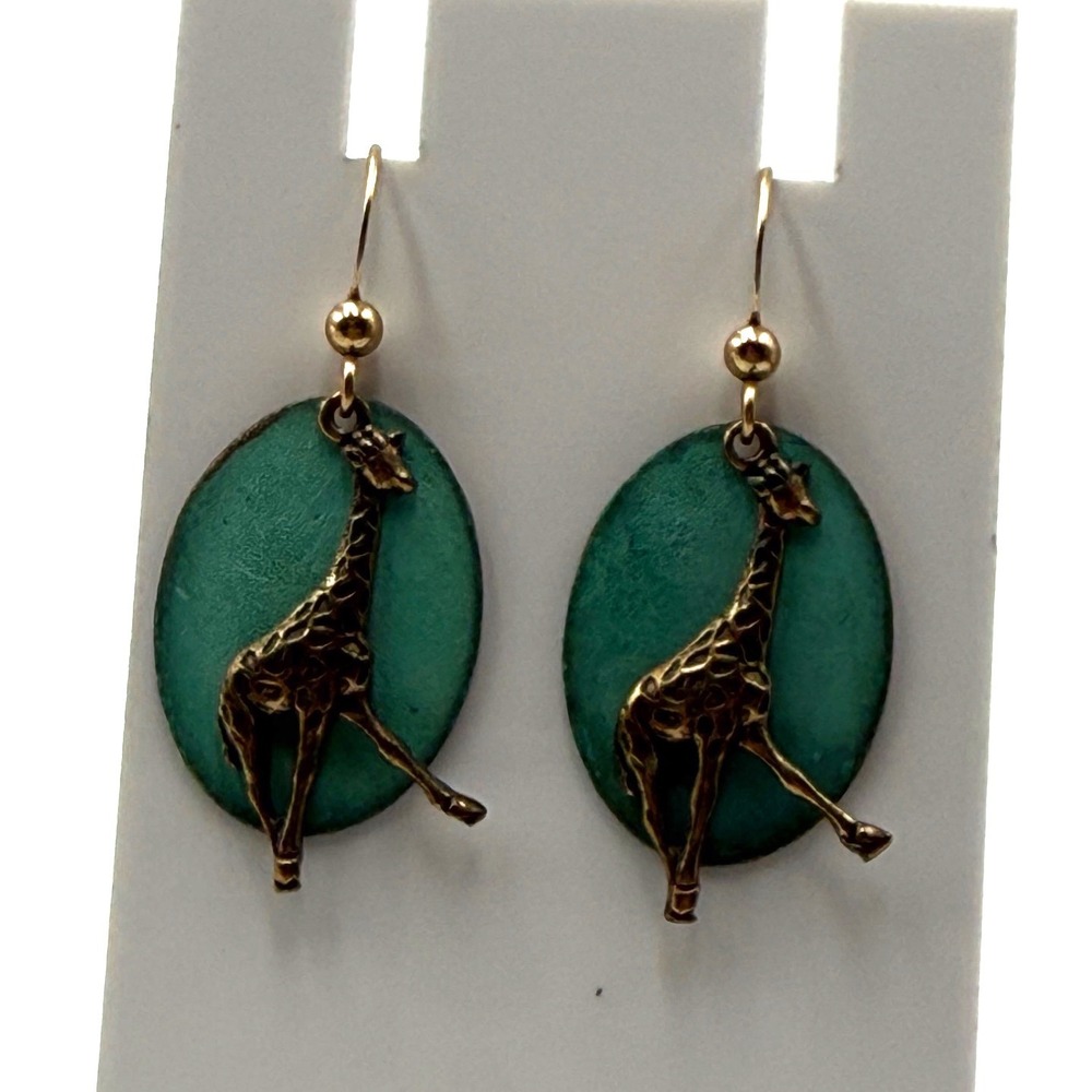 Vintage Style Giraffe Patina Drop Earrings Teal Bronze Tone Safari Dangle